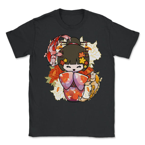 Kokeshi Doll Koi Fish Japanese Aesthetic Lover print - Unisex T-Shirt - Black