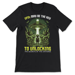 Alien Design UFO Ship - Unlocking Secrets Of The Universe print - Premium Unisex T-Shirt - Black