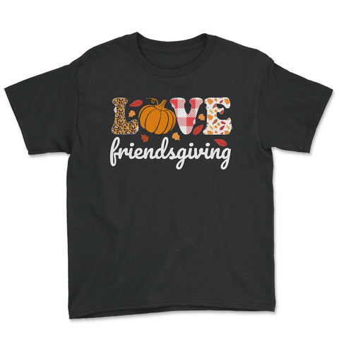 Love Friendsgiving Text with Pumpkin & Autumn Leaves graphic Youth Tee - Black