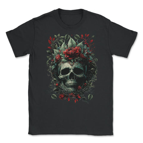 Skull with Red Flowers & Leaves Floral Gothic design - Unisex T-Shirt - Black