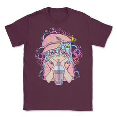 Anime Pastel Girl Drinking Bubble Tea Boba Lover Gift print Unisex - Maroon