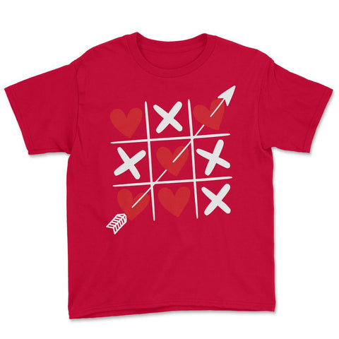 Tic Tac Toe Valentine's Day XOXO Hearts & Crosses graphic Youth Tee - Red
