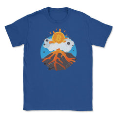 Funny Bitcoin Symbol flying out of a Volcano for Crypto Fans design - Royal Blue