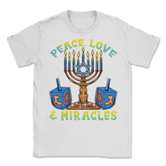 Peace, Love & Miracles Jewish Menorah & Dreidel product Unisex T-Shirt