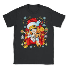 Anime Christmas Santa Anime Girl with Corgi Puppy Funny graphic - Black