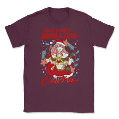 Animazing Christmas Santa Anime Girl with Poinsettias Funny print - Maroon