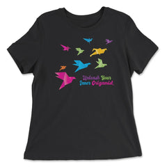 Unleash Your Inner Origamist Colorful Origami Flying Birds product - Women's Relaxed Tee - Black