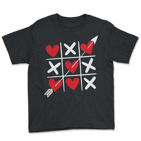 Tic Tac Toe Valentine's Day XOXO Hearts & Crosses graphic Youth Tee - Black