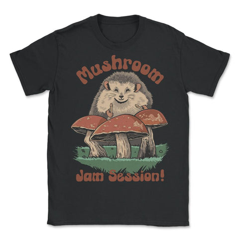 Cute Kawaii Hedgehog Playing Mushroom Drums Cottage Core graphic - Unisex T-Shirt - Black