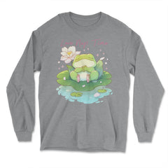 Cute Kawaii Baby Frog Napping in a Waterlily Pad graphic - Long Sleeve T-Shirt - Grey Heather