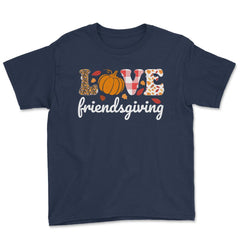 Love Friendsgiving Text with Pumpkin & Autumn Leaves graphic Youth Tee - Navy