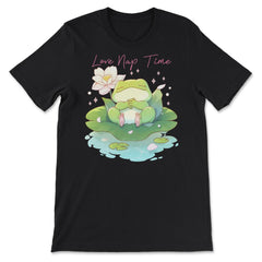 Cute Kawaii Baby Frog Napping in a Waterlily Pad graphic - Premium Unisex T-Shirt - Black