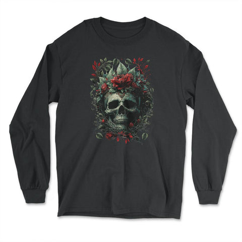 Skull with Red Flowers & Leaves Floral Gothic design - Long Sleeve T-Shirt - Black