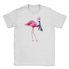 Pink Flamingo with Rainbow flag design Gift graphic Unisex T-Shirt - White