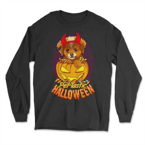 Adorable Puppy Inside Jack'O Lantern Design With Candy Corn graphic - Long Sleeve T-Shirt - Black