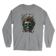 Skull with Red Flowers & Leaves Floral Gothic design - Long Sleeve T-Shirt - Grey Heather