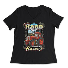Farming Tractor Where Hard Work Blossoms into Harvest graphic - Women's V-Neck Tee - Black