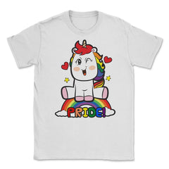 LGBTQ Pride Unicorn Sitting on top of a Rainbow Equality product - White