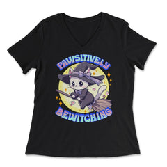 Pawsitively Bewitching Kawaii Kitten Witch Design print - Women's V-Neck Tee - Black