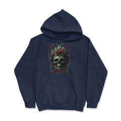 Skull with Red Flowers & Leaves Floral Gothic design - Hoodie - Navy