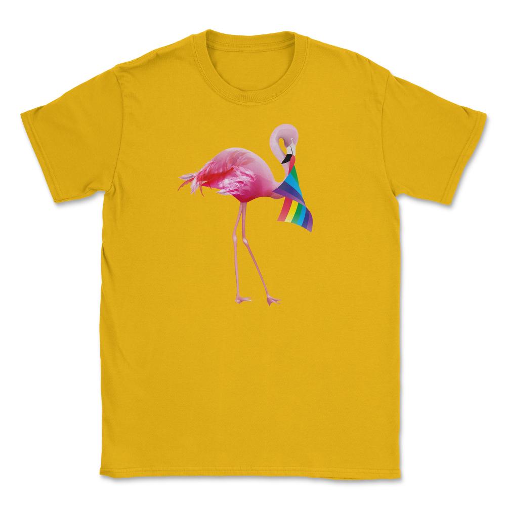 Pink Flamingo with Rainbow flag design Gift graphic Unisex T-Shirt - Gold