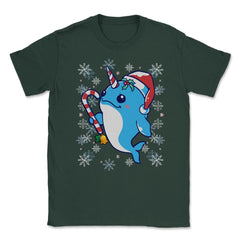 Narwhal Christmas With Santa’s Hat & Snowflakes Funny Kawaii print - Forest Green