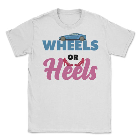 Funny Gender Reveal Announcement Wheels Or Heels Boy Or Girl product - White