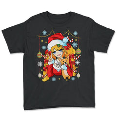 Anime Christmas Santa Anime Girl with Corgi Puppy Funny graphic Youth - Black
