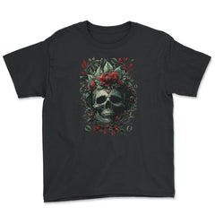 Skull with Red Flowers & Leaves Floral Gothic design - Youth Tee - Black