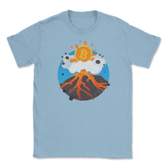 Funny Bitcoin Symbol flying out of a Volcano for Crypto Fans design - Light Blue