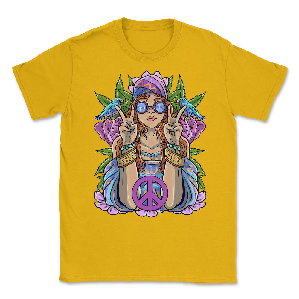 Hippie Girl with Peace Sign Forest Flowers and Birds Design product - Gold