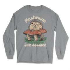 Cute Kawaii Hedgehog Playing Mushroom Drums Cottage Core print - Long Sleeve T-Shirt - Grey Heather