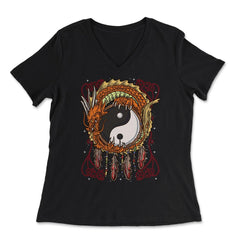 Chinese Dragon & Yin Yang Dreamcatcher Zen Meditation graphic - Women's V-Neck Tee - Black
