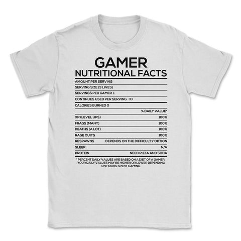 Funny Gamer Nutritional Facts Video Gaming Humor Gamers graphic - White
