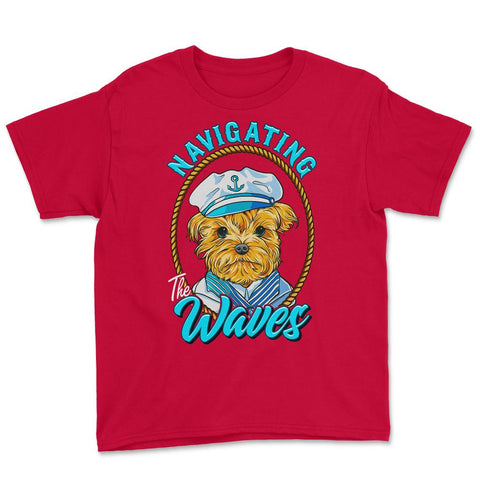 Yorkshire Sailor Navigating the Waves Yorkie Puppy print Youth Tee - Red