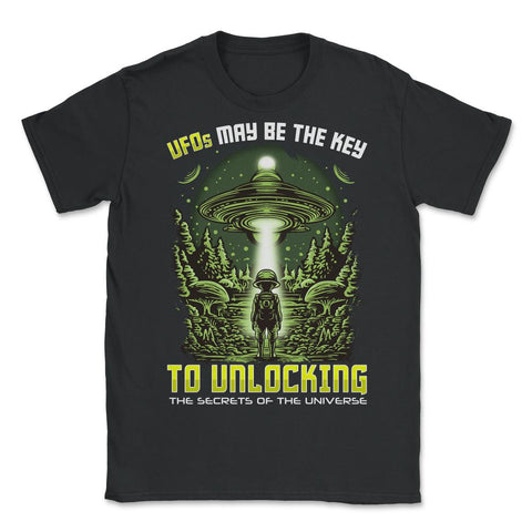 Alien Design UFO Ship - Unlocking Secrets Of The Universe print - Unisex T-Shirt - Black