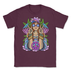 Hippie Girl with Peace Sign Forest Flowers and Birds Design product - Maroon