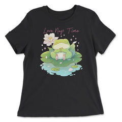 Cute Kawaii Baby Frog Napping in a Waterlily Pad graphic - Women's Relaxed Tee - Black