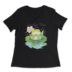 Cute Kawaii Baby Frog Napping in a Waterlily Pad graphic - Women's V-Neck Tee - Black