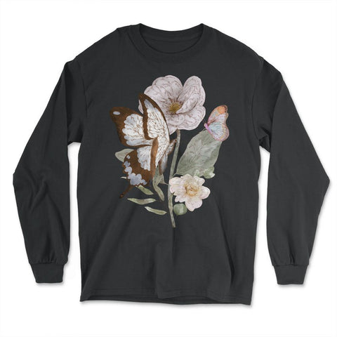 Pollinator Butterflies & Flowers Cottage core Botanical graphic - Long Sleeve T-Shirt - Black