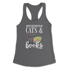 Funny Easily Distracted By Cats And Books Cat Book Lover Gag graphic - Dark Grey