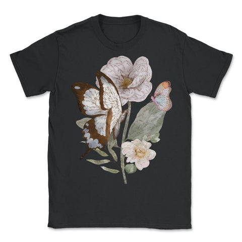 Pollinator Butterflies & Flowers Cottage core Botanical graphic - Unisex T-Shirt - Black
