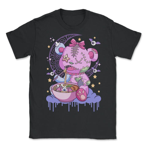 Pastel Goth Kawaii Creepy Doll Eating Ramen Teddy Bear design - Unisex T-Shirt - Black