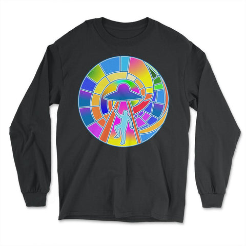Stained Glass Art UFO Abduction Colorful Glasswork Design print - Long Sleeve T-Shirt - Black