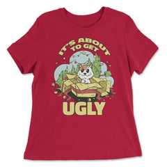 It's About to Get Ugly Funny Saying Christmas Tree & Cat print - Women's Relaxed Tee - Red
