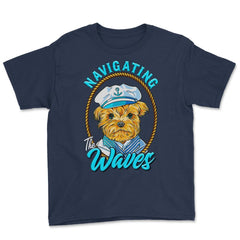 Yorkshire Sailor Navigating the Waves Yorkie Puppy print Youth Tee - Navy