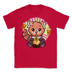 Kawaii Red Panda Drinking Boba Tea Bubble Tea print Unisex T-Shirt - Red