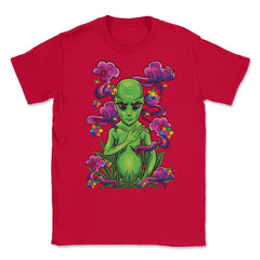 Alien Hippie Smoking Marijuana Hilarious Groovy Art print Unisex - Red