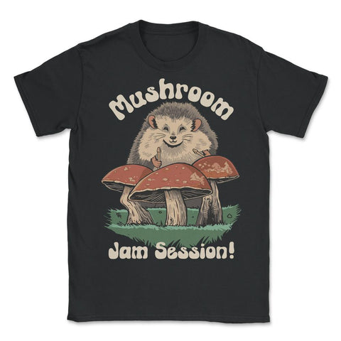 Cute Kawaii Hedgehog Playing Mushroom Drums Cottage Core print - Unisex T-Shirt - Black