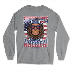 Patriotic Bigfoot Loves America! 4th of July graphic - Long Sleeve T-Shirt - Grey Heather
